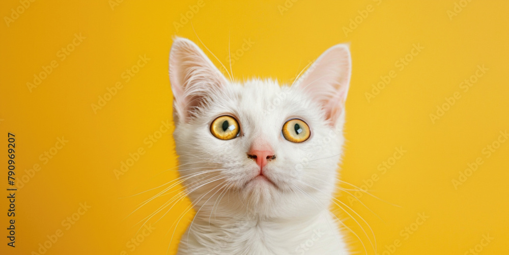 Portrait of a shocked white cat with huge opened eyes on yellow studio isolated background. Black Friday 13th surprised with news with prices concept. Copy paste empty place for text