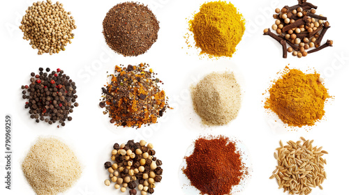 Set mix seasoning, spicy chili pepper flakes, coriander seeds, Tikka masala spice powder mix, sumac, caribbean curry pile, milled linseed, Anise seeds spice, top view  photo