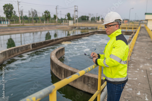 Environmental engineers work at wastewater treatment plants,Water supply engineering working at Water recycling plant for reuse