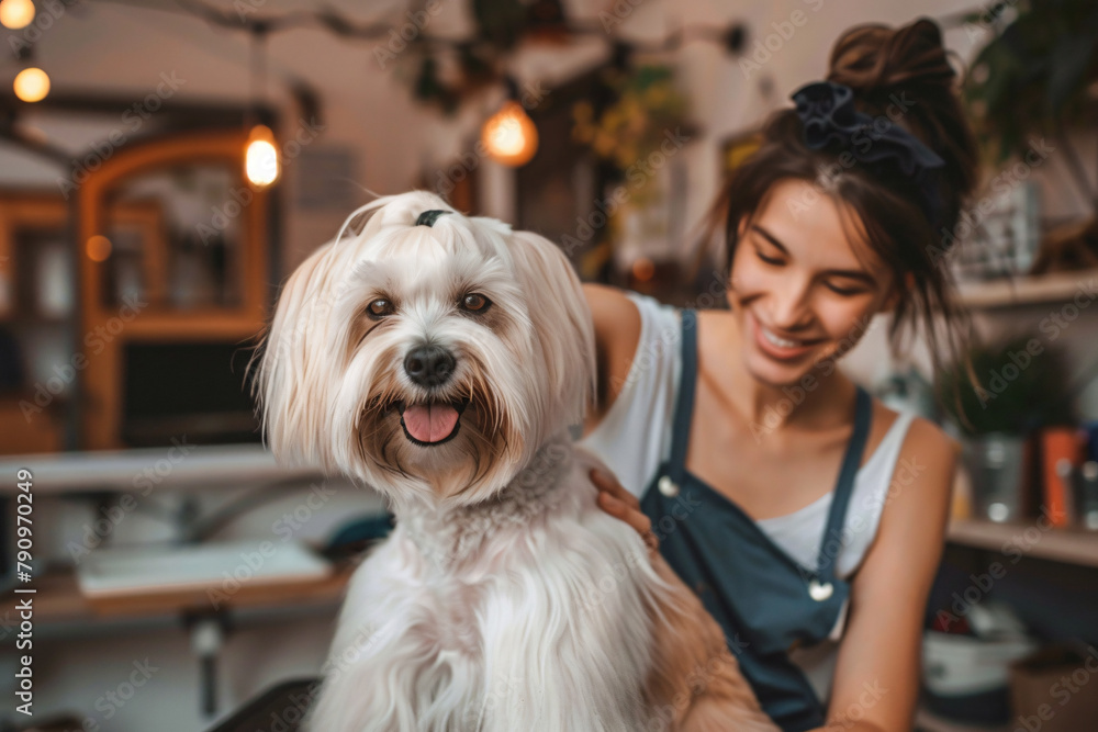 grooming concept, woman groomer with cute dog in modern salon