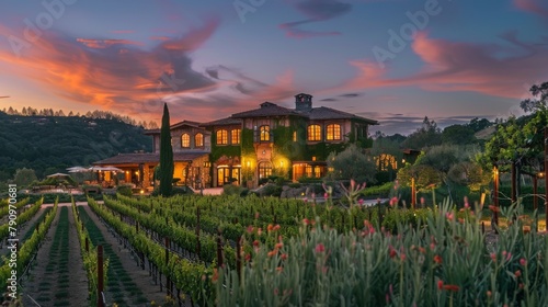 A rustic vineyard bathed in the warm glow of twilight, inviting wine enthusiasts to indulge in tastings and tours."