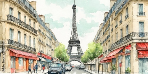 Fototapeta Naklejka Na Ścianę i Meble -  Watercolor Illustration Of Paris Streets
