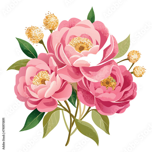 A bouquet of pink peons peony flowers with gold accents. The flowers are arranged in a way that they look like they are in a vase. Scene is one of elegance and sophistication