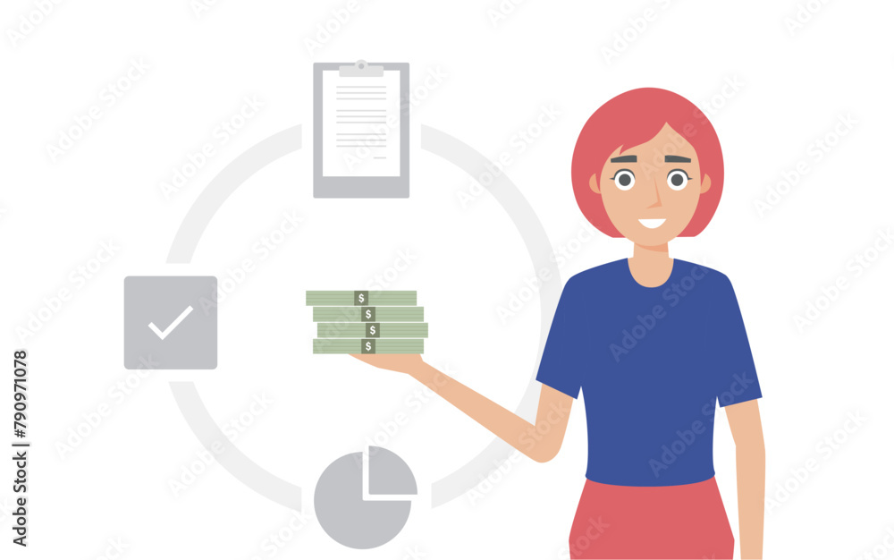 Vector illustration of a working woman extending her right hand to introduce the closed-loop process of making money Vector illustration of a working woman extending her right hand to introduce the closed-loop process of making money