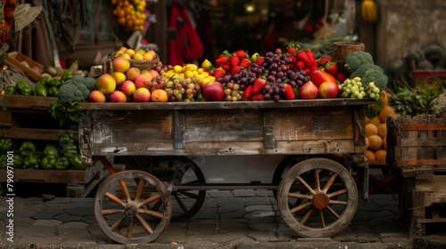 A rustic wooden cart brimming with assorted fruits at a bustling farmer's market, inviting viewers to savor the flavors of the season.