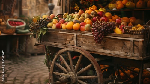 A rustic wooden cart brimming with assorted fruits at a bustling farmer's market, inviting viewers to savor the flavors of the season.