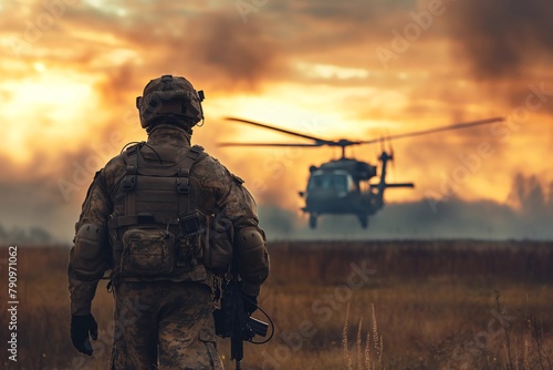 soldier with machine gun in front of a helicopter