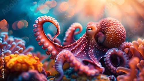 Serene octopus meditating under the sea surrounded by colorful coral and soft rays of sunlight in watercolor style