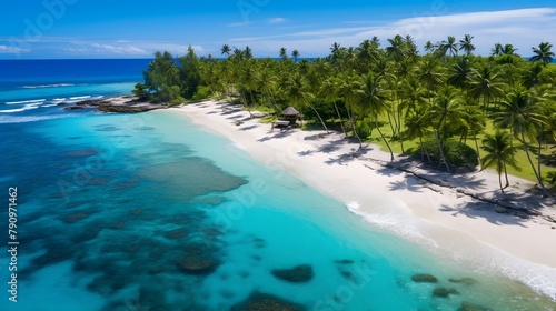 Aerial panoramic view of beautiful tropical beach with turquoise water and palm trees © Iman