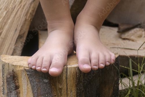 Child feet on wood log, barefoot little girl on tree trunk, countryside lifestyle, concept of grounding and connecting with nature 
