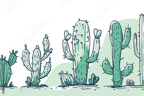 Cute cacti hand drawn sketch style landscape illustration