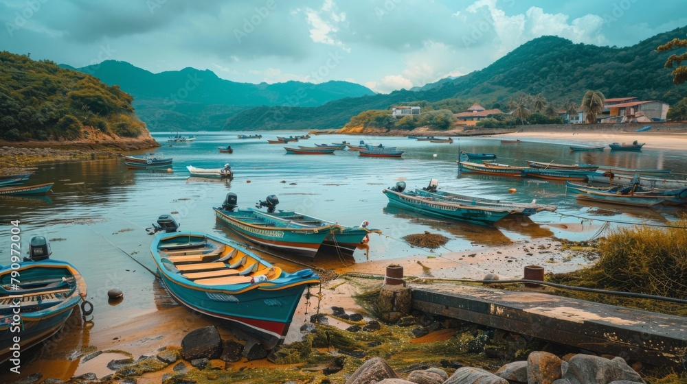 A serene coastal inlet with wooden fishing boats moored along the shore, reflecting the timeless charm of traditional seafaring communities. A serene coastal inlet with wooden fishing boats moored along the shore, reflecting the timeless charm of traditional seafaring communities.