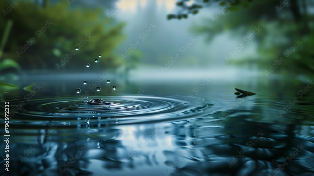 A serene scene of raindrops cascading onto a tranquil lake, creating mesmerizing ripples in the water's surface. A serene scene of raindrops cascading onto a tranquil lake, creating mesmerizing ripples in the water's surface.