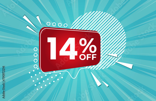 14% off. Blue banner with 14 percent discount on a red balloon for mega big sales.  