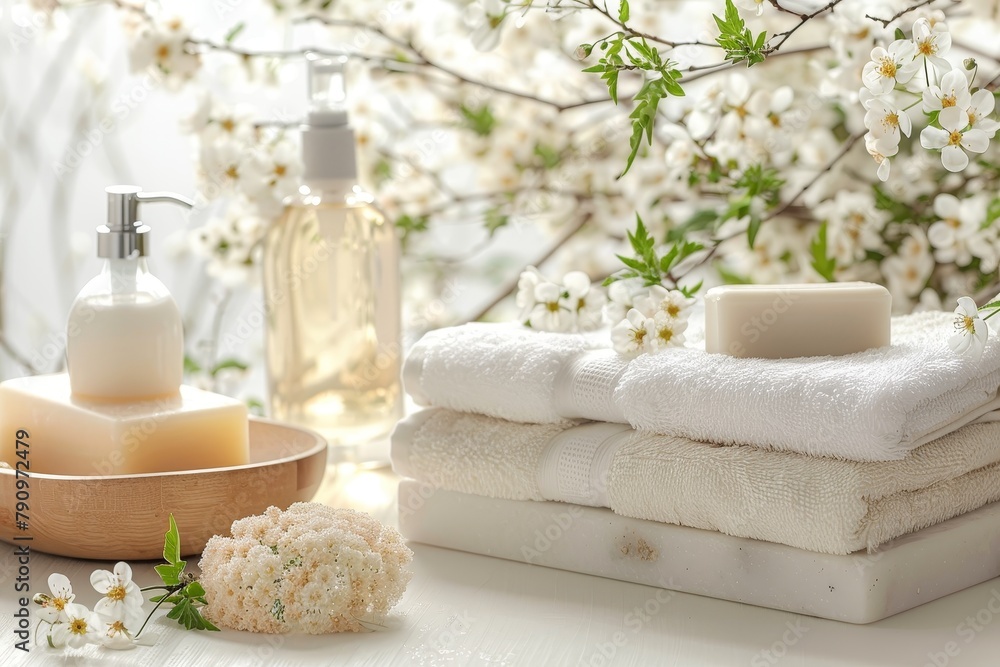 Spa bathroom scene with toiletries, soap, and towel on soft white background, serene ambiance