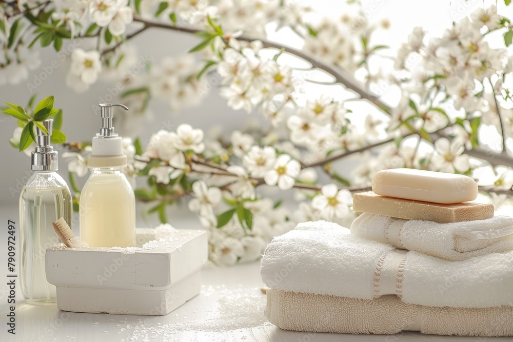 Serene spa bathroom with toiletries, soap and towel on soft white background for relaxing ambiance