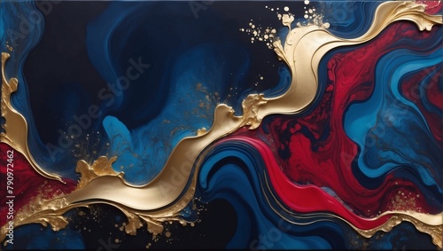 Regal fluid tableau, Midnight blue and crimson alcohol ink with glistening gold paint strokes, resembling the opulence of a royal tapestry unfurled over water textured with marble veining.