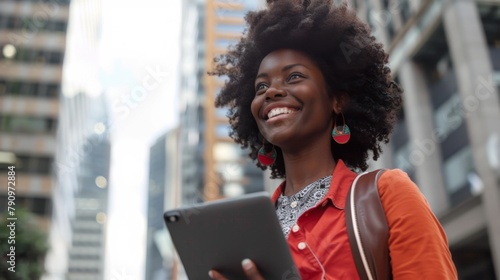 Woman Smiling with Tablet in City photo
