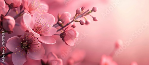 Header with pink flower, buds, and space for text in the spring.