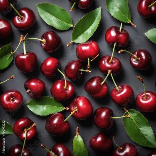 Fresh cherry fruits and green leaves on dark. Top view, flat lay.
