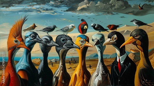 A group of birdmen representing different species huddle together, offering words of encouragement and support , photo