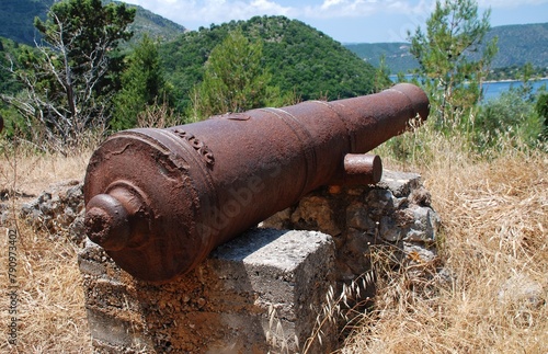 Venetian cannon above Loutsa at Vathi on the Greek island of Ithaca