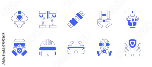 Safety icon set. Duotone style line stroke and bold. Vector illustration. Containing safety glasses, shield, safety belt, hanging, harness, safety harness, helmet, firefighter helmet, gas mask. photo