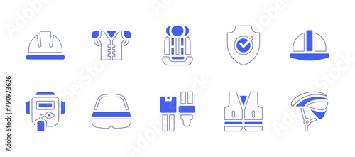 Safety icon set. Duotone style line stroke and bold. Vector illustration. Containing security helmet, vest, helmet, trusted, safety belt, glasses, safety, baby car seat, welding mask, bike helmet.