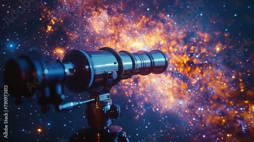 Telescope in the foreground, with a backdrop of the night sky filled with twinkling stars