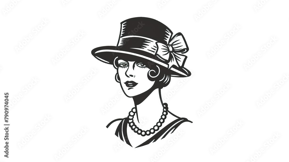Black and white logo, flat vector graphic of a woman wearing a hat with ...