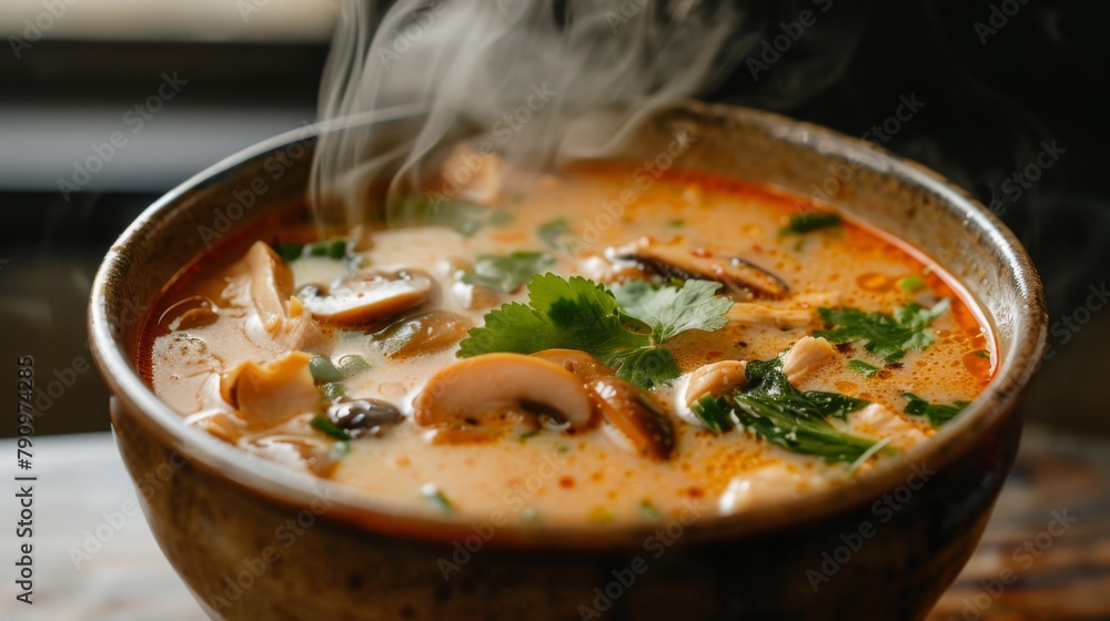 A steaming hot bowl of comforting Tom Kha Gai soup, filled with tender chicken, mushrooms, and aromatic coconut milk broth.