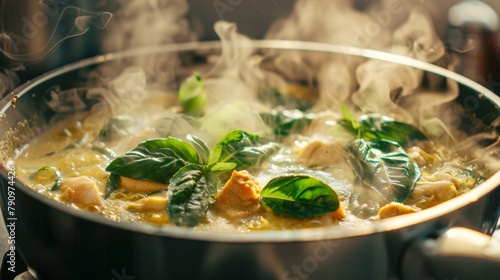 A steaming hot pot of creamy and fragrant Thai green curry bubbling with coconut milk, Thai basil, and tender chicken. photo