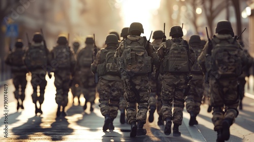 Military Patrol at Sunrise: Soldiers Marching in Formation on City Street photo