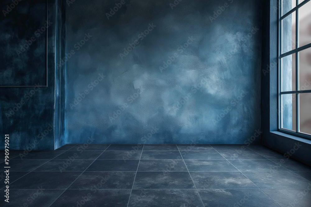 An empty living space with a dark blue wall, a large window to the right and a dark tile floor for a minimalist designer. An empty living space with a dark blue wall, a large window to the right and a dark tile floor for a minimalist designer.