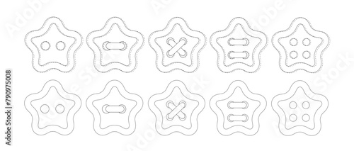 Set of white star buttons. Button with two and four holes. Sewn buttons. Sewing decor, elements.eps