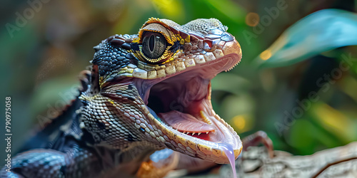Reptile Mouth Rot: The Oral Lesions and Difficulty Eating - Imagine a reptile with highlighted mouth showing bacterial infection, experiencing oral lesions and difficulty eating