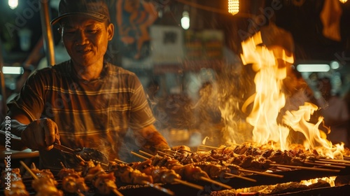 A street vendor skillfully grilling skewers of succulent Moo Ping (Thai grilled pork skewers) over open flames, filling the air with irresistible aromas.