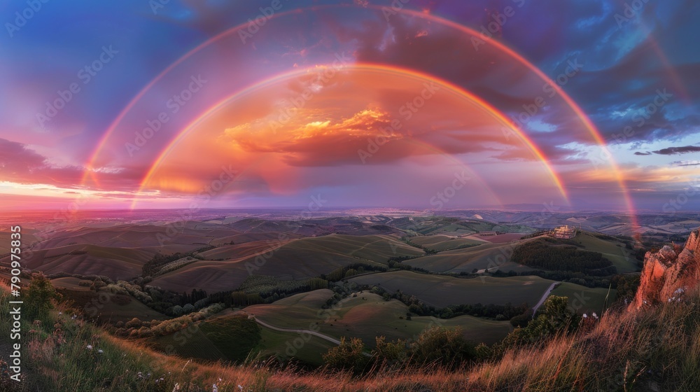 A stunning panoramic view of a vibrant rainbow stretching across the sky, casting its colorful arc over a picturesque landscape.