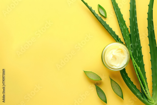 Jar with cream and cut aloe leaves on yellow background. Flat lay. Empty advertising banner template for cosmetics