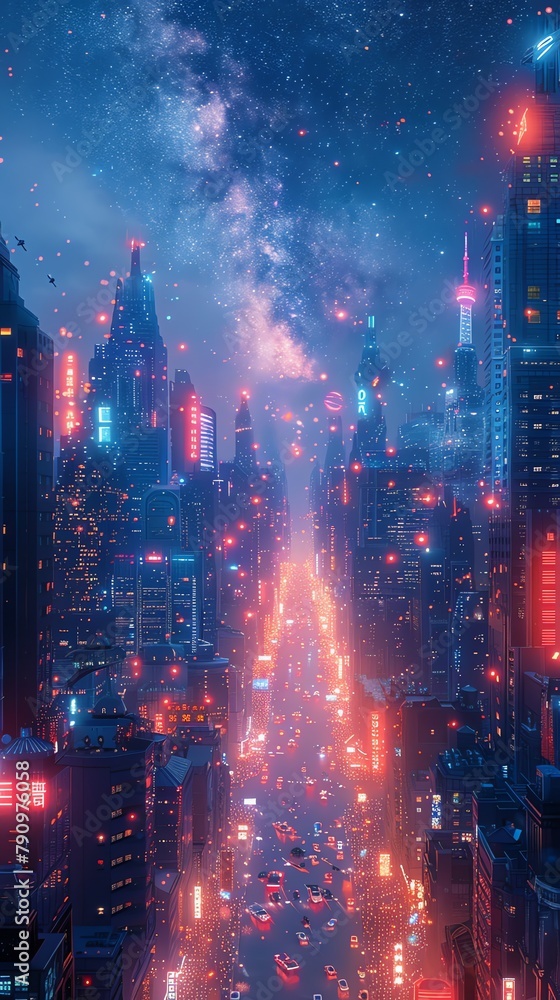 A futuristic cityscape with sleek, mirrorlike skyscrapers and hovering vehicles, illuminated by neon lights under a starry night sky
