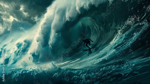 A surfer riding towering waves during a storm swell, showcasing the thrill and danger of extreme ocean conditions. photo