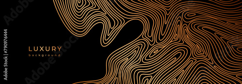 Banner with line topography map. Wavy golden design. Luxury banner with wave pattern. Flowing liquid texture. Bronze curves. Black background with gold lines. Geometric dynamical rippled surface.