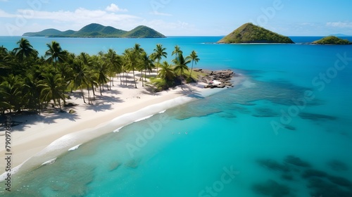 Panoramic aerial view of beautiful tropical beach with palm trees and turquoise water