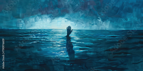 Drowning sinking African American man in sea problems water asking for help with raised arm. Trapped emotions depicted or work overpressure human in danger natural disaster sos concept photo