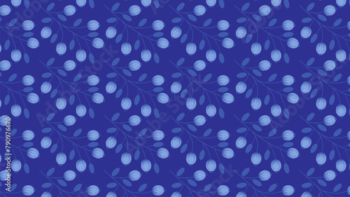 Seamless pattern with blue berries and leaves on a dark blue background