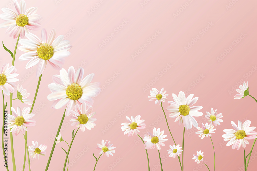 Several daisies arranged on a pink background