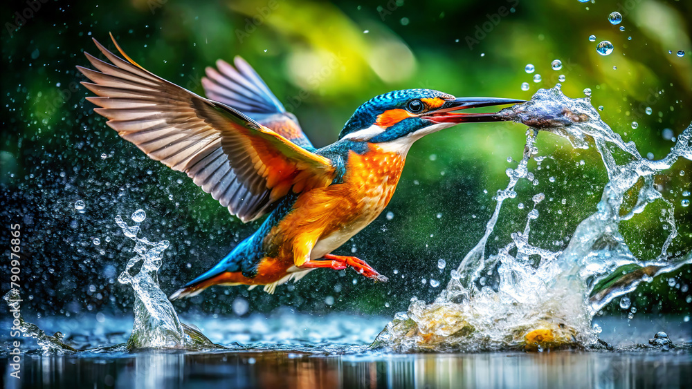 A vibrant kingfisher in flight, holding a fish in its beak,rises out of ...