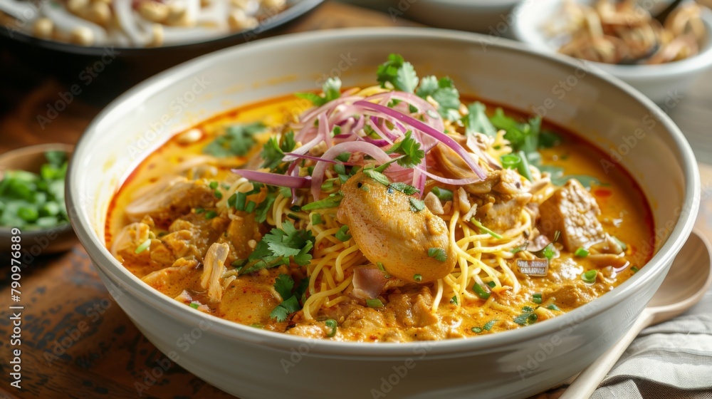 A tantalizing bowl of Khao Soi, a northern Thai noodle soup with tender chicken, egg noodles, and a rich coconut curry broth. A tantalizing bowl of Khao Soi, a northern Thai noodle soup with tender chicken, egg noodles, and a rich coconut curry broth.