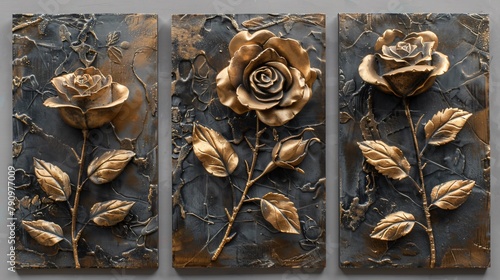 Fototapeta Naklejka Na Ścianę i Meble -  Three panels wall art stylized 3D golden roses on a jet black marble background wall decoration