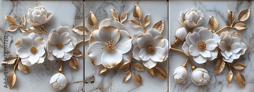 Three panels wall art with 3D white flowers and golden petals on a marble background luxury wall decoration